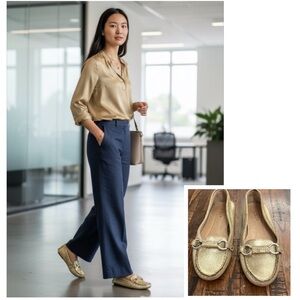 J. Crew loafers gold leather metallic flats Bridlebit details size 6 wmns